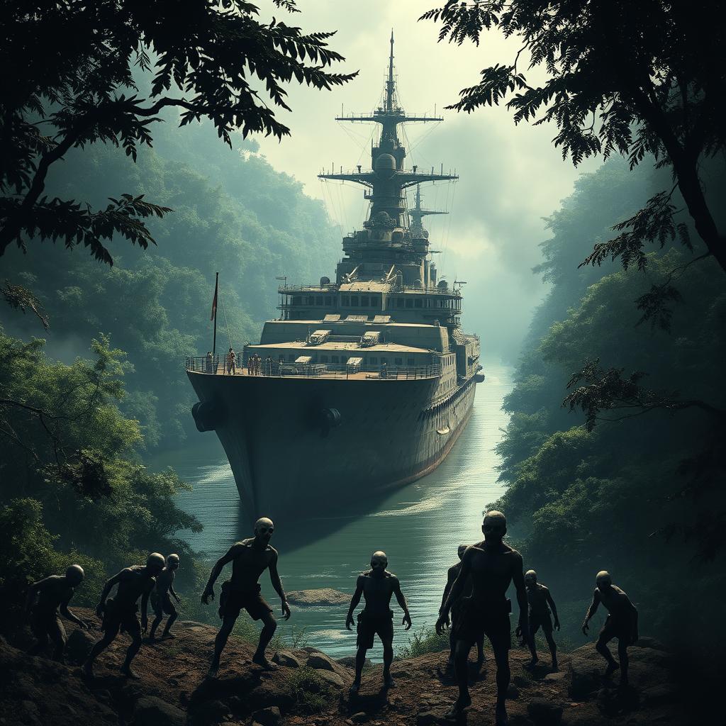 A colossal warship anchored in a narrow river amidst a dense, dark jungle