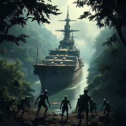 A colossal warship anchored in a narrow river amidst a dense, dark jungle