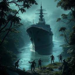 A colossal warship anchored in a narrow river amidst a dense, dark jungle