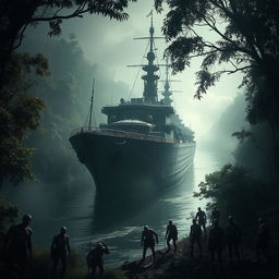 A colossal warship anchored in a narrow river amidst a dense, dark jungle