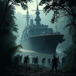 A colossal warship anchored in a narrow river amidst a dense, dark jungle