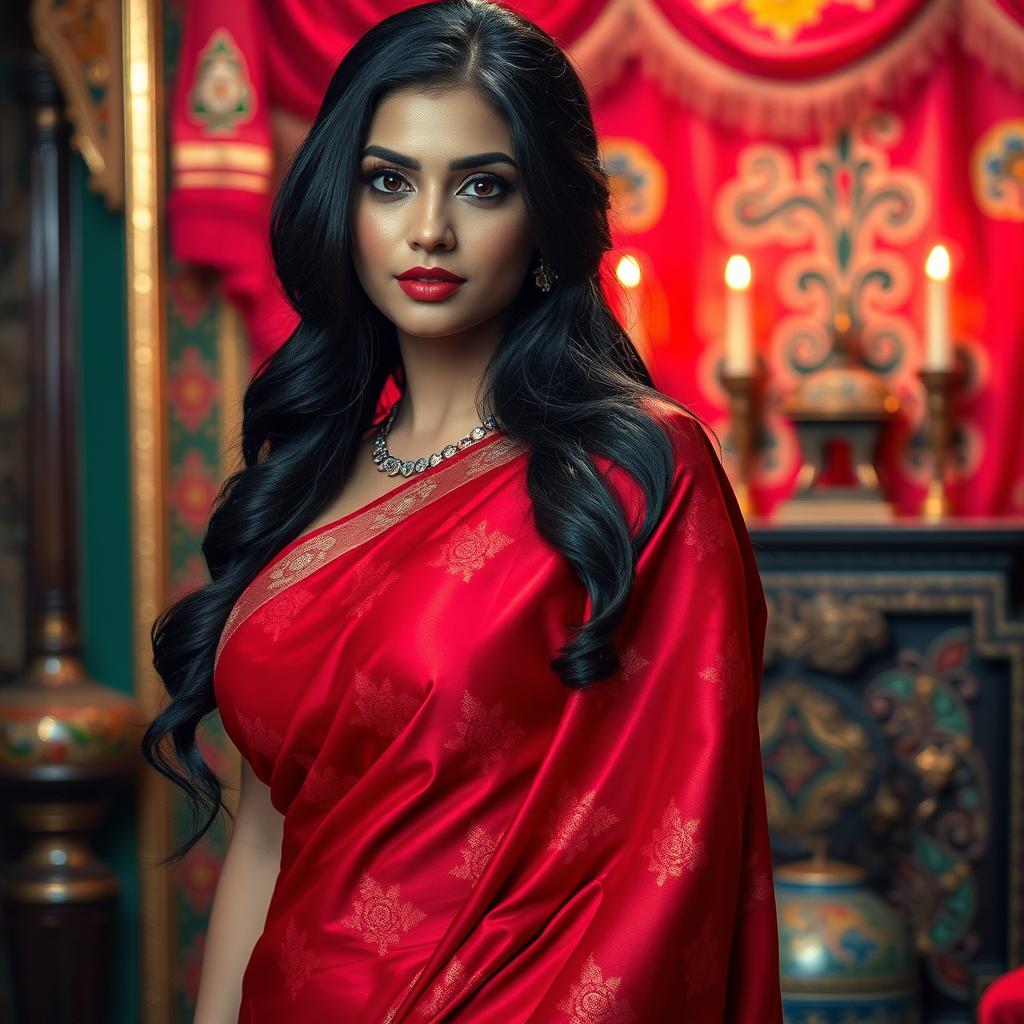 A voluptuous and attractive Indian woman wearing an exquisite red saree, the fabric of the saree catching the light to reveal intricate patterns