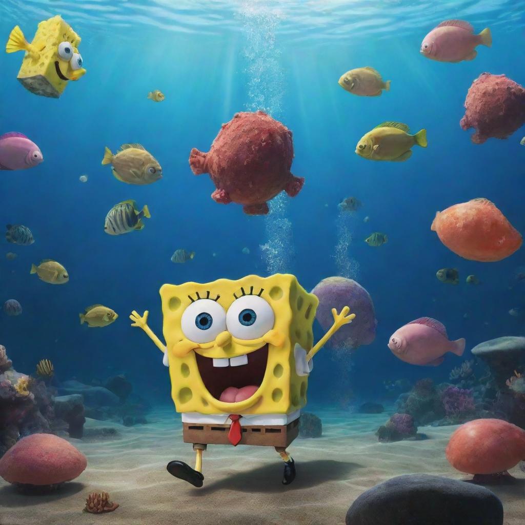 SpongeBob Squarepants performing a Jujutsu Kaisen styled domain expansion, encompassing an aquatic world teeming with whimsical sea life, his persona emerging powerful yet humorous within this dominating scene.