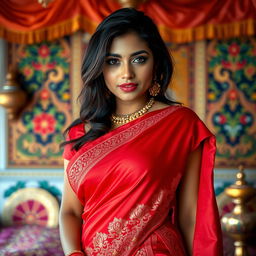 A voluptuous and attractive Indian woman wearing an exquisite red saree, the fabric of the saree catching the light to reveal intricate patterns