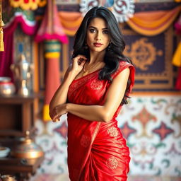 A voluptuous and attractive Indian woman wearing an exquisite red saree, the fabric of the saree catching the light to reveal intricate patterns