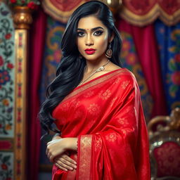 A voluptuous and attractive Indian woman wearing an exquisite red saree, the fabric of the saree catching the light to reveal intricate patterns