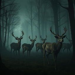 A haunting landscape depicting a group of deer infected with a fictional disease, with visible symptoms like discolored and decaying fur, glowing eyes, and erratic movements