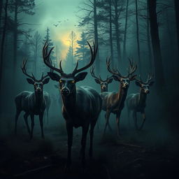 A haunting landscape depicting a group of deer infected with a fictional disease, with visible symptoms like discolored and decaying fur, glowing eyes, and erratic movements