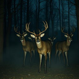 A haunting landscape depicting a group of deer infected with a fictional disease, with visible symptoms like discolored and decaying fur, glowing eyes, and erratic movements