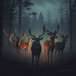 A haunting landscape depicting a group of deer infected with a fictional disease, with visible symptoms like discolored and decaying fur, glowing eyes, and erratic movements