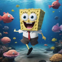 SpongeBob Squarepants performing a Jujutsu Kaisen styled domain expansion, encompassing an aquatic world teeming with whimsical sea life, his persona emerging powerful yet humorous within this dominating scene.