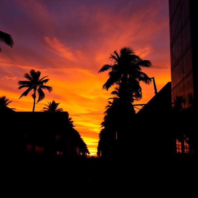 silhouettes of people walking through a city street with towering palm trees lining the sidewalks, the sunset casting vibrant hues of orange and purple across the sky, creating dramatic shadows and reflections on the buildings