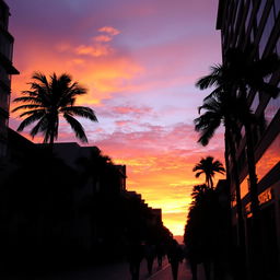 silhouettes of people walking through a city street with towering palm trees lining the sidewalks, the sunset casting vibrant hues of orange and purple across the sky, creating dramatic shadows and reflections on the buildings