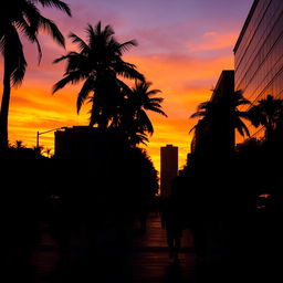 silhouettes of people walking through a city street with towering palm trees lining the sidewalks, the sunset casting vibrant hues of orange and purple across the sky, creating dramatic shadows and reflections on the buildings