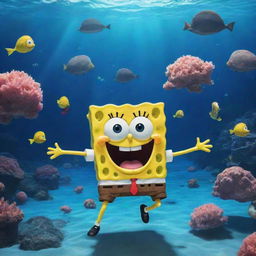 SpongeBob Squarepants performing a Jujutsu Kaisen styled domain expansion, encompassing an aquatic world teeming with whimsical sea life, his persona emerging powerful yet humorous within this dominating scene.