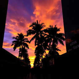 silhouettes of people walking through a city street with towering palm trees lining the sidewalks, the sunset casting vibrant hues of orange and purple across the sky, creating dramatic shadows and reflections on the buildings