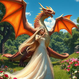 A majestic scene with a graceful, elegant princess standing in front of a fierce yet majestic dragon