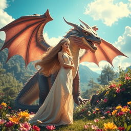 A majestic scene with a graceful, elegant princess standing in front of a fierce yet majestic dragon