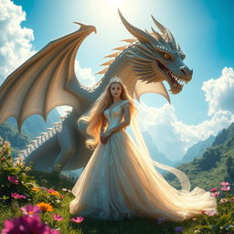 A majestic scene with a graceful, elegant princess standing in front of a fierce yet majestic dragon