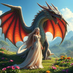 A majestic scene with a graceful, elegant princess standing in front of a fierce yet majestic dragon