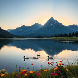 A serene landscape showcasing a picturesque mountain range under a clear blue sky