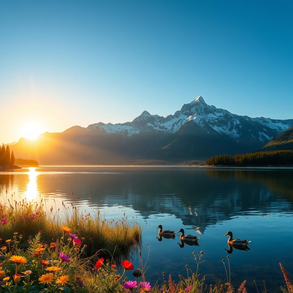 A serene landscape showcasing a picturesque mountain range under a clear blue sky