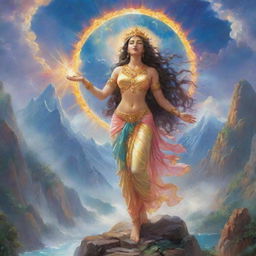 Imagine a vibrant world framed with celestial themes and ethereal characters, where gods and goddesses reign supreme over mountains, oceans, and skies, radiating divine energy.