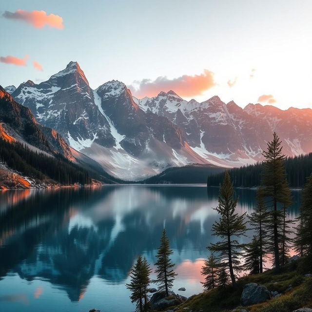 Create a serene and tranquil mountain landscape at sunrise