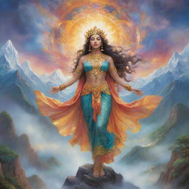 Imagine a vibrant world framed with celestial themes and ethereal characters, where gods and goddesses reign supreme over mountains, oceans, and skies, radiating divine energy.