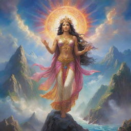 Imagine a vibrant world framed with celestial themes and ethereal characters, where gods and goddesses reign supreme over mountains, oceans, and skies, radiating divine energy.