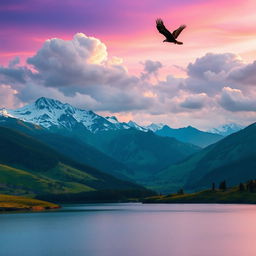 A scenic mountain landscape during sunrise, casting a warm golden glow over the snow-capped peaks and lush green valleys