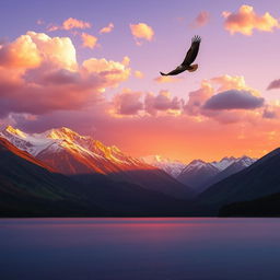 A scenic mountain landscape during sunrise, casting a warm golden glow over the snow-capped peaks and lush green valleys