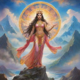 Imagine a vibrant world framed with celestial themes and ethereal characters, where gods and goddesses reign supreme over mountains, oceans, and skies, radiating divine energy.