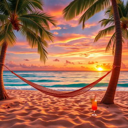 A vibrant, colorful tropical beach scene at sunset, with golden sand, crystal-clear turquoise waters, and coconut palm trees swaying in the gentle breeze