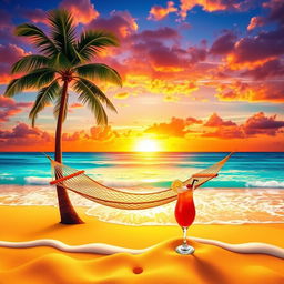 A vibrant, colorful tropical beach scene at sunset, with golden sand, crystal-clear turquoise waters, and coconut palm trees swaying in the gentle breeze