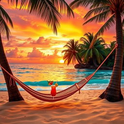 A vibrant, colorful tropical beach scene at sunset, with golden sand, crystal-clear turquoise waters, and coconut palm trees swaying in the gentle breeze