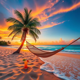 A vibrant, colorful tropical beach scene at sunset, with golden sand, crystal-clear turquoise waters, and coconut palm trees swaying in the gentle breeze