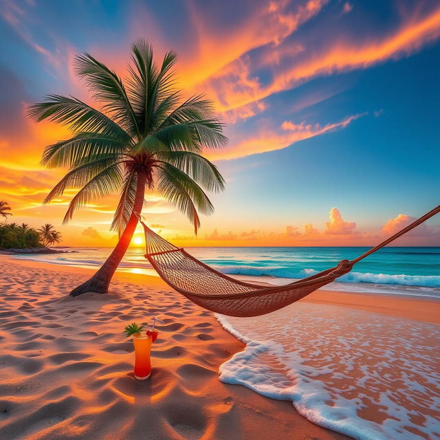 A vibrant, colorful tropical beach scene at sunset, with golden sand, crystal-clear turquoise waters, and coconut palm trees swaying in the gentle breeze