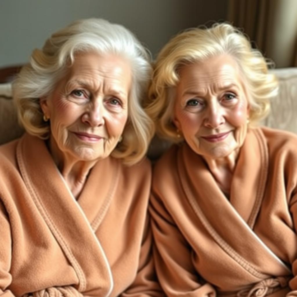 Two elderly women with elegant blonde hair, sitting together in a comfortable, cozy setting, showcasing a sense of warmth and companionship