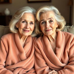 Two elderly women with elegant blonde hair, sitting together in a comfortable, cozy setting, showcasing a sense of warmth and companionship