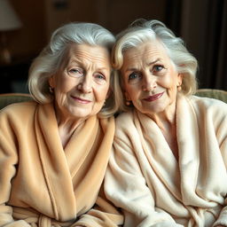 Two elderly women with elegant blonde hair, sitting together in a comfortable, cozy setting, showcasing a sense of warmth and companionship