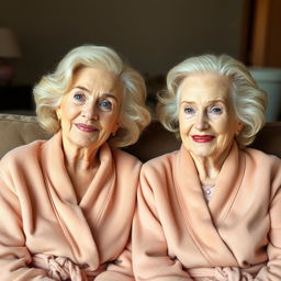 Two elderly women with elegant blonde hair, sitting together in a comfortable, cozy setting, showcasing a sense of warmth and companionship