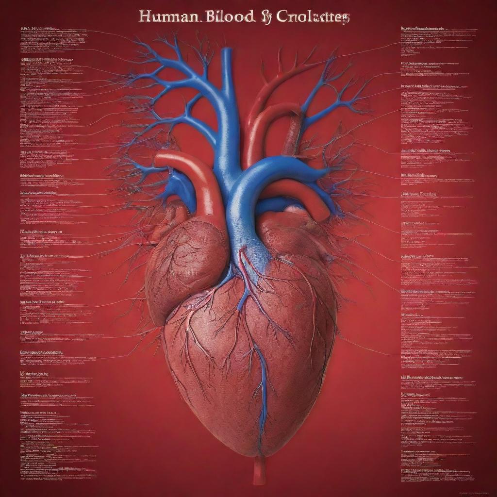 A detailed and educational poster, showcasing the human blood circulatory system, with arteries, veins, and heart in vibrant colors against a contrasting background. Include labels and short descriptions to highlight major components.