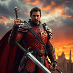 Jim Caviezel as a noble fighter wearing armor crafted from the scales of a majestic red dragon