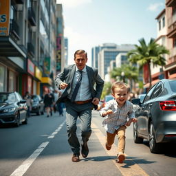 A tense and suspenseful scene in an urban environment where an adult man with a worried expression is running after a child who is smiling and playfully running ahead