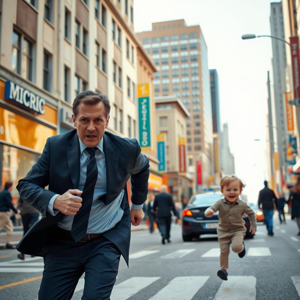 A tense and suspenseful scene in an urban environment where an adult man with a worried expression is running after a child who is smiling and playfully running ahead