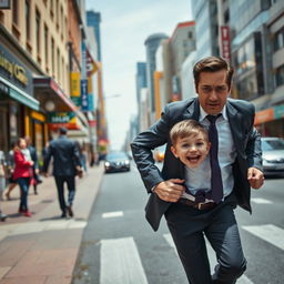 A tense and suspenseful scene in an urban environment where an adult man with a worried expression is running after a child who is smiling and playfully running ahead