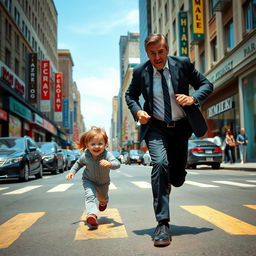 A tense and suspenseful scene in an urban environment where an adult man with a worried expression is running after a child who is smiling and playfully running ahead