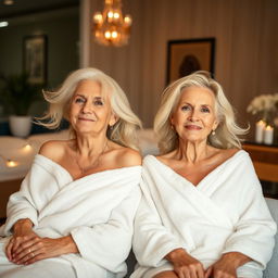 Two attractive elderly women with flowing blonde hair, enjoying a serene wellness retreat