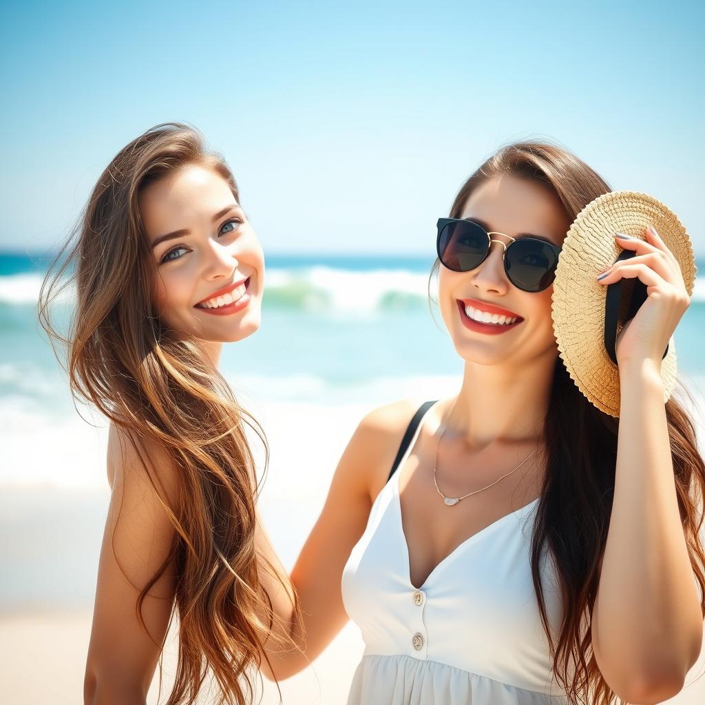 A woman with long brown hair, brown eyes, and a bright smile enjoying a sunny day at the beach